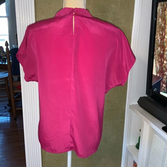 Vintage Fuschia Hot Barbie Pink Short Sleeve Satin Like Dressy Blouse Size Small - Picture 8 of 10